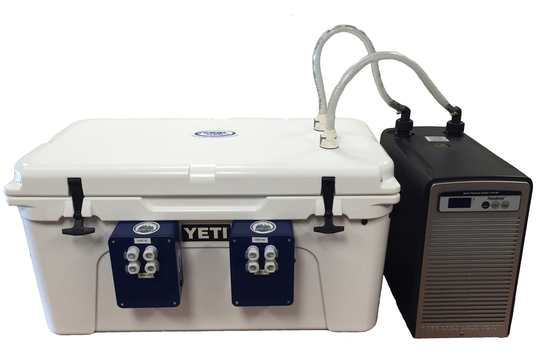 White Yeti cooler circulating cold water system with water chiller next to it